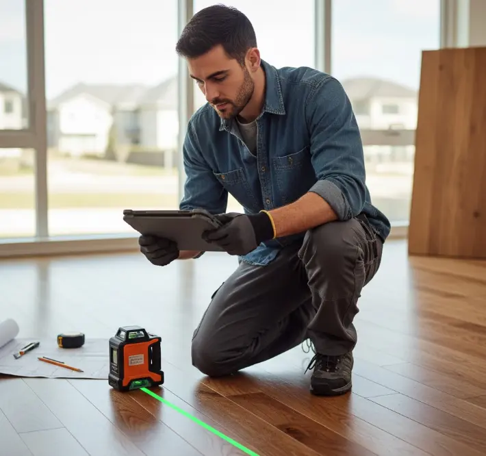Professional flooring contractor using digital tools